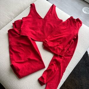 Beyond Yoga Spacedye set in red - neck bra tank, leggings, and long sleeve